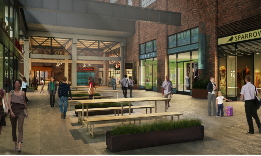 Steel beams and trestle details evoke the railroad tracks that criss-crossed the site, bringing goods in and out of the old Sears distribution center. 