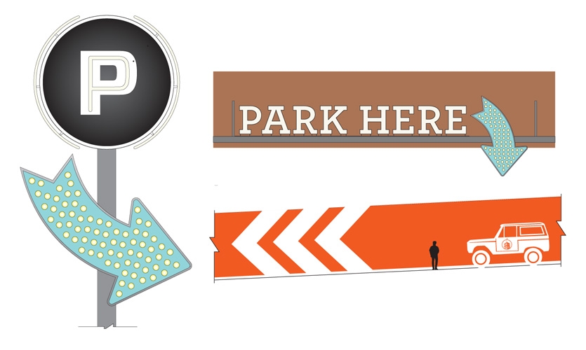 Guiding Atlantans to the site’s underground parking will be a key challenge. Design360 is creating “fun and friendly” guideposts including retro signs, lollipops, and bold typographic murals.