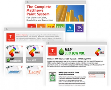 Matthews Paint Image of webpages from new products section of matthewspaint.com